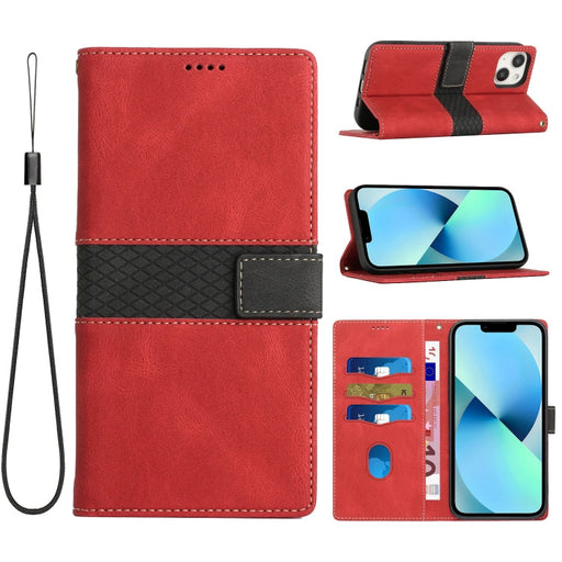 For iPhone 13 Grid Stitching Leather Phone Case with Lanyard(Red) - BaskiFit