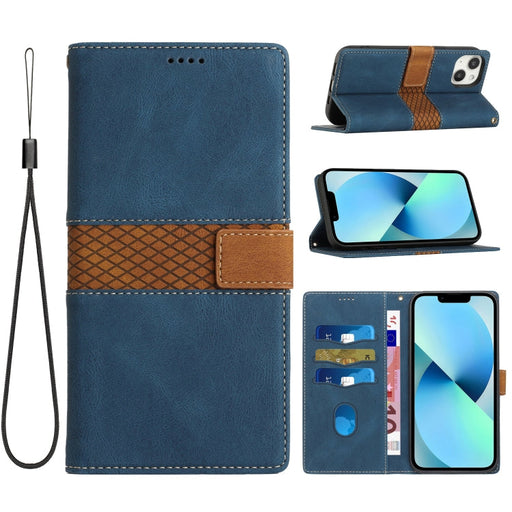 For iPhone 13 mini Grid Stitching Leather Phone Case with Lanyard(Blue) - BaskiFit