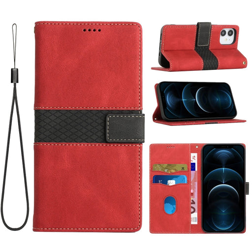For iPhone 12 mini Grid Stitching Leather Phone Case with Lanyard(Red) - BaskiFit