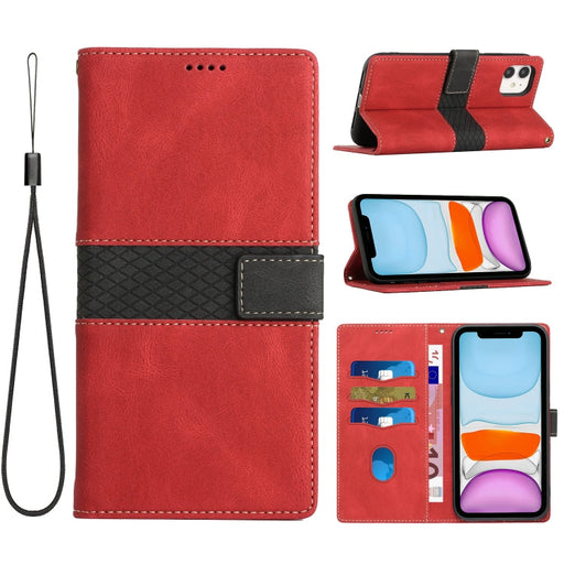 For iPhone 11 Grid Stitching Leather Phone Case with Lanyard(Red) - BaskiFit