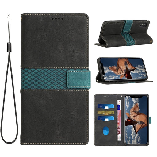 For iPhone XS Max Grid Stitching Leather Phone Case with Lanyard(Black) - BaskiFit