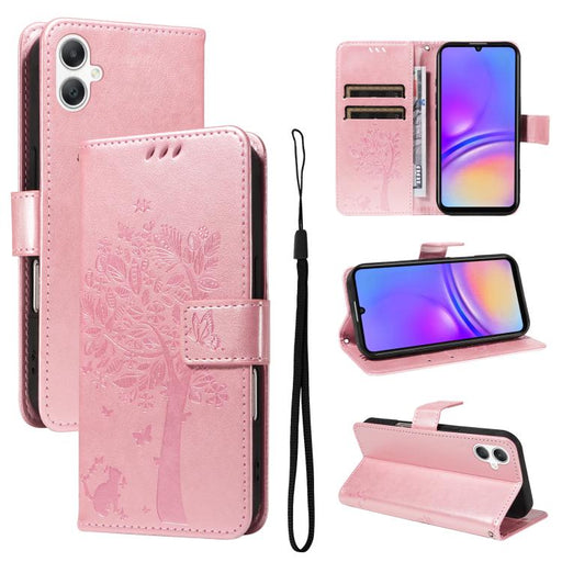 For Samsung Galaxy A06 5G / 4G Tree & Cat Embossed Pattern Flip Leather Phone Case(Rose Gold)
