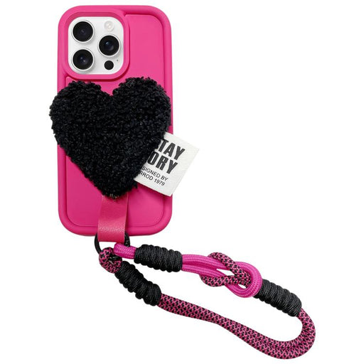 For iPhone 12 Pro Max Creative Plush Heart Design Phone Case with Lanyard(Rose Red) - BaskiFit