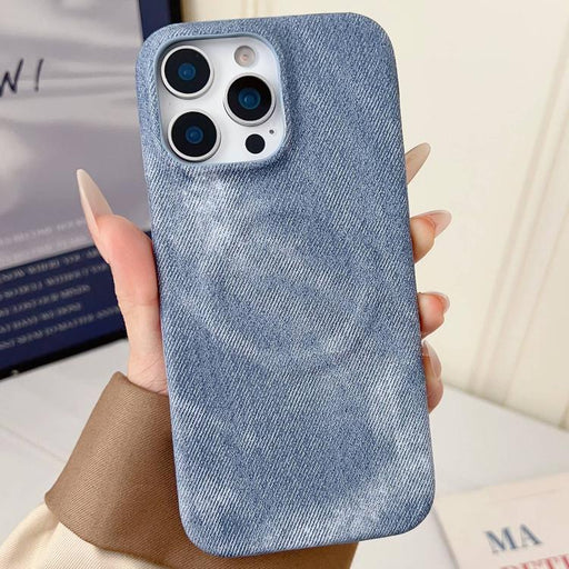 For iPhone 16 Pro Max Denim MagSafe Magnetic PC + PU Phone Case(Grayish Blue) - BaskiFit