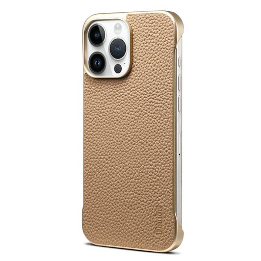 For iPhone 15 Pro Denior A20 Genuine Leather Litchi Texture MagSafe Frameless Phone Case(Khaki) - BaskiFit
