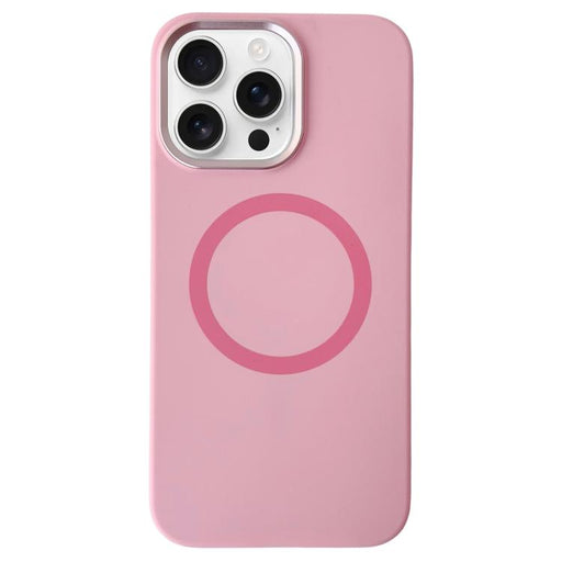 For iPhone 16 Pro Max Metal Frame Liquid Silicone MagSafe Phone Case(Peach Pink) - BaskiFit