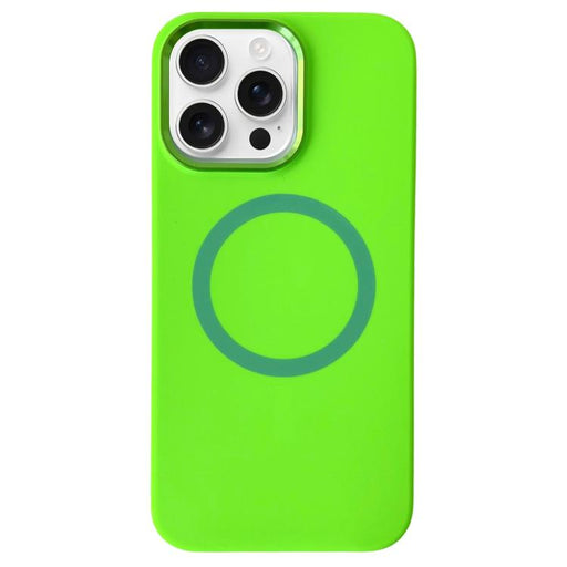 For iPhone 16 Pro Max Metal Frame Liquid Silicone MagSafe Phone Case(Fluorescent Green) - BaskiFit