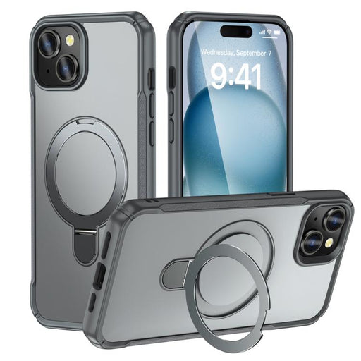 For iPhone 15 Skin Feel Magnetic Holder MagSafe Phone Case(Grey) - BaskiFit