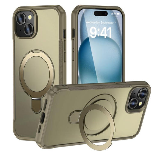 For iPhone 15 Plus / 14 Plus Skin Feel Magnetic Holder MagSafe Phone Case(Khaki) - BaskiFit
