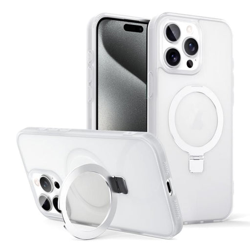 For iPhone 15 Pro Skin-feel Ring MagSafe Holder Phone Case(Transparent White) - BaskiFit