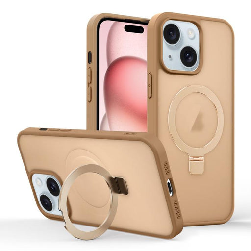 For iPhone 15 Plus Skin-feel Ring MagSafe Holder Phone Case(Desert Gold) - BaskiFit