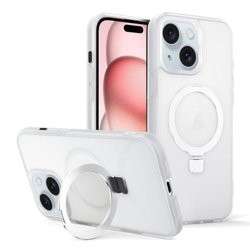 For iPhone 15 Plus Skin-feel Ring MagSafe Holder Phone Case(Transparent White) - BaskiFit