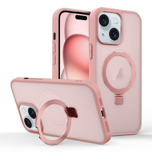 For iPhone 15 Plus Skin-feel Ring MagSafe Holder Phone Case(Pink) - BaskiFit