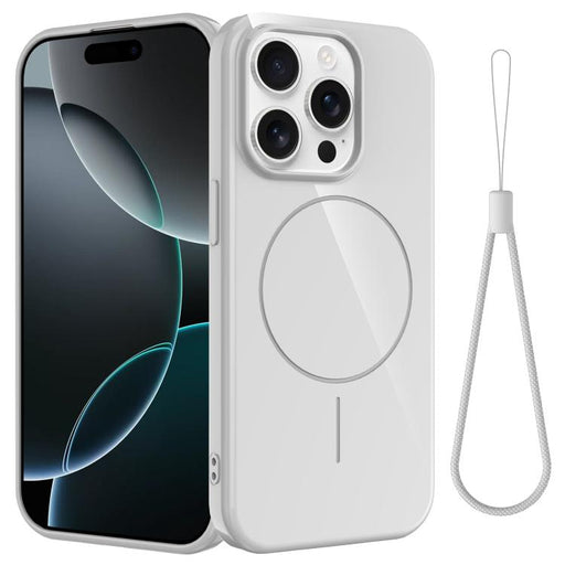 For iPhone 15 Pro Max Glossy TPU Shockproof MagSafe Phone Case with Lanyard(White) - BaskiFit