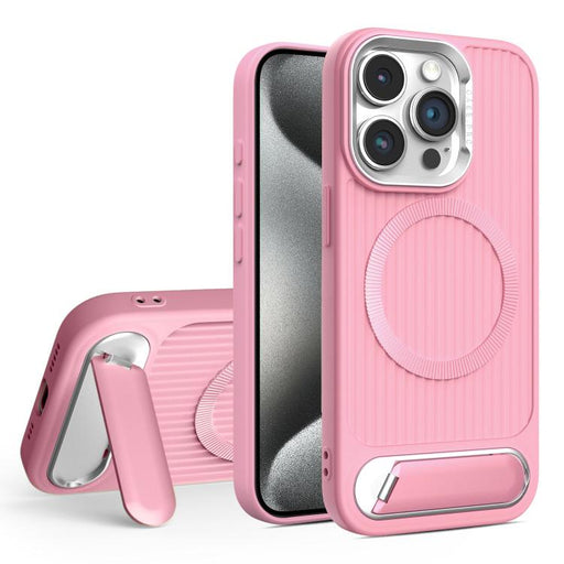 For iPhone 15 Pro Max Vertical Lines Invisible Flat Holder MagSafe Phone Case(Pink) - BaskiFit