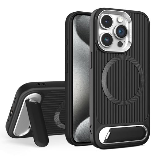 For iPhone 15 Pro Max Vertical Lines Invisible Flat Holder MagSafe Phone Case(Black) - BaskiFit