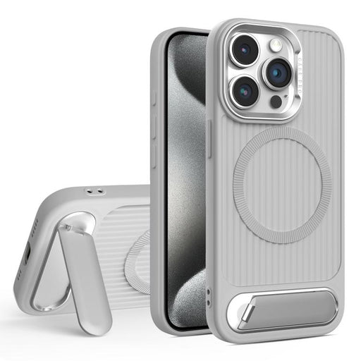 For iPhone 15 Pro Max Vertical Lines Invisible Flat Holder MagSafe Phone Case(Grey) - BaskiFit