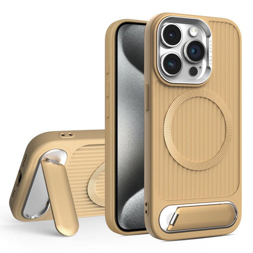 For iPhone 15 Pro Max Vertical Lines Invisible Flat Holder MagSafe Phone Case(Gold) - BaskiFit