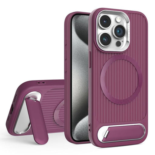 For iPhone 15 Pro Max Vertical Lines Invisible Flat Holder MagSafe Phone Case(Wine Red) - BaskiFit