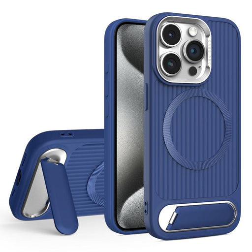 For iPhone 15 Pro Max Vertical Lines Invisible Flat Holder MagSafe Phone Case(Blue) - BaskiFit