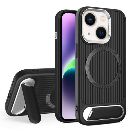 For iPhone 14 Plus Vertical Lines Invisible Flat Holder MagSafe Phone Case(Black)