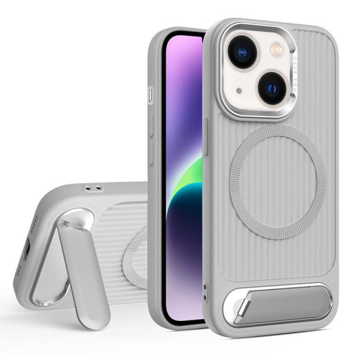 For iPhone 14 Plus Vertical Lines Invisible Flat Holder MagSafe Phone Case(Grey)