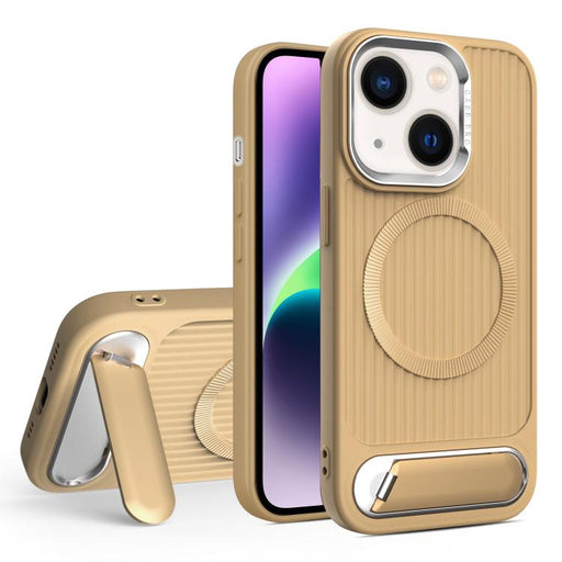 For iPhone 14 Plus Vertical Lines Invisible Flat Holder MagSafe Phone Case(Gold)