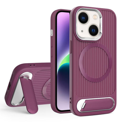 For iPhone 14 Plus Vertical Lines Invisible Flat Holder MagSafe Phone Case(Wine Red)