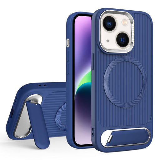 For iPhone 14 Plus Vertical Lines Invisible Flat Holder MagSafe Phone Case(Blue)