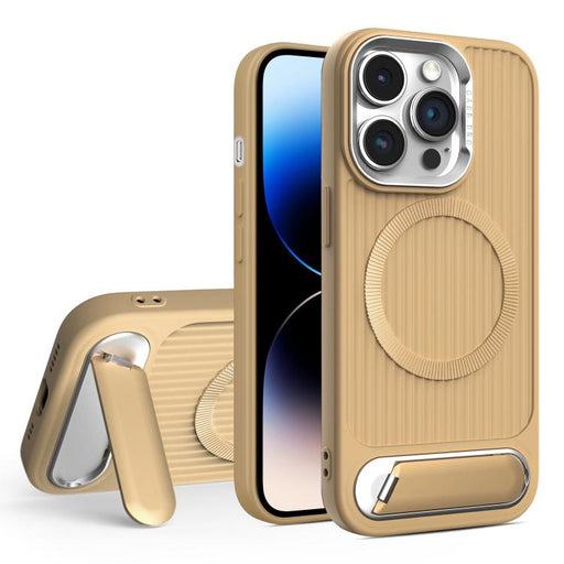 For iPhone 14 Pro Vertical Lines Invisible Flat Holder MagSafe Phone Case(Gold)