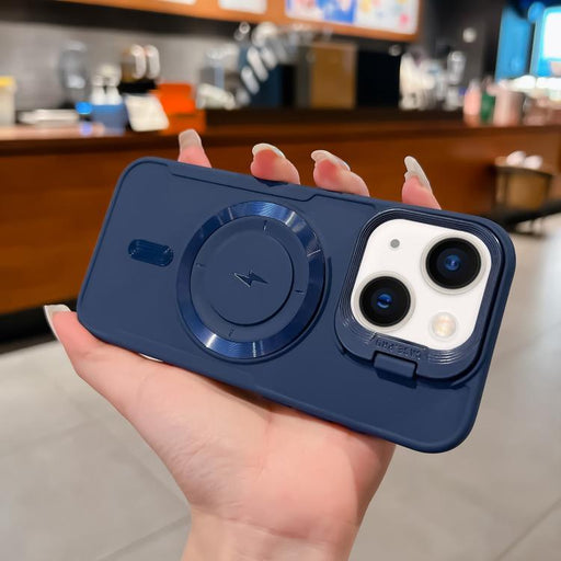 For iPhone 14 Plus Lens Frame Holder Blade MagSafe Phone Case(Dark Blue)