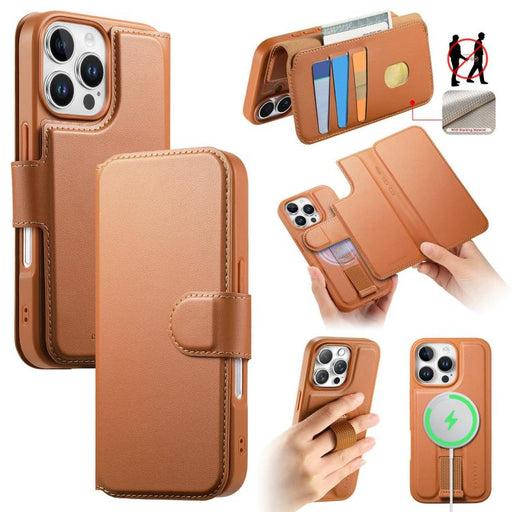 For iPhone 16 Pro Max CaseNeo Finger Grip Strap MagSafe Leather Phone Case(Brown) - BaskiFit