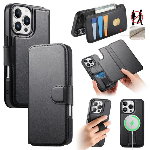 For iPhone 16 Pro Max CaseNeo Finger Grip Strap MagSafe Leather Phone Case(Black) - BaskiFit