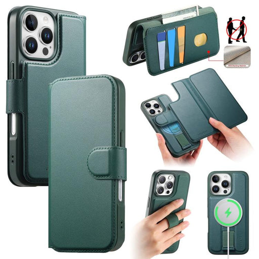 For iPhone 16 Pro Max CaseNeo Finger Grip Strap MagSafe Leather Phone Case(Green) - BaskiFit
