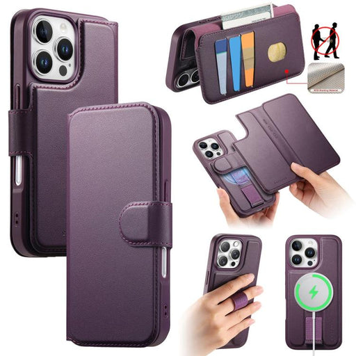 For iPhone 16 Pro Max CaseNeo Finger Grip Strap MagSafe Leather Phone Case(Purple) - BaskiFit