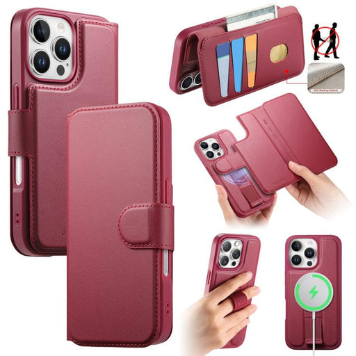 For iPhone 16 Pro Max CaseNeo Finger Grip Strap MagSafe Leather Phone Case(Red) - BaskiFit