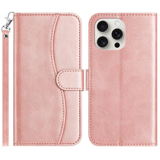 For iPhone 15 Pro Dual-Folded S-shape Leather Phone Case(Rose Gold) - BaskiFit