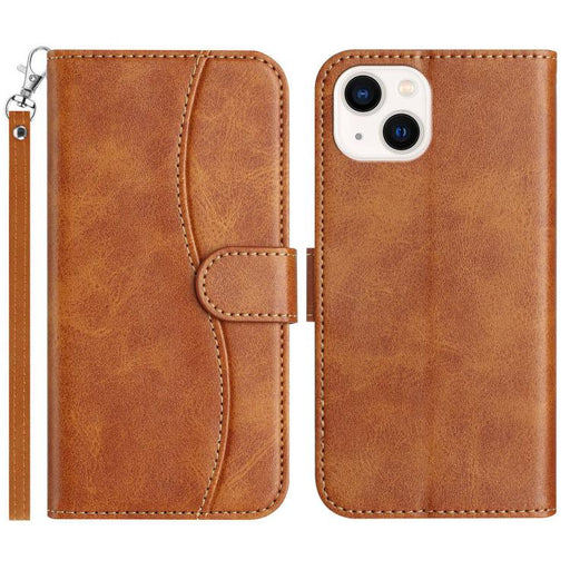 For iPhone 15 Plus Dual-Folded S-shape Leather Phone Case(Brown) - BaskiFit