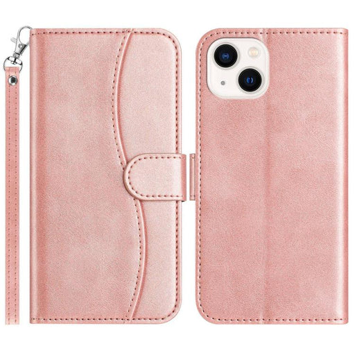 For iPhone 14 Dual-Folded S-shape Leather Phone Case(Rose Gold)