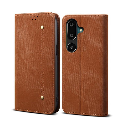 For Samsung Galaxy F16 5G Global Denim Texture Casual Style Horizontal Flip Leather Case(Brown)