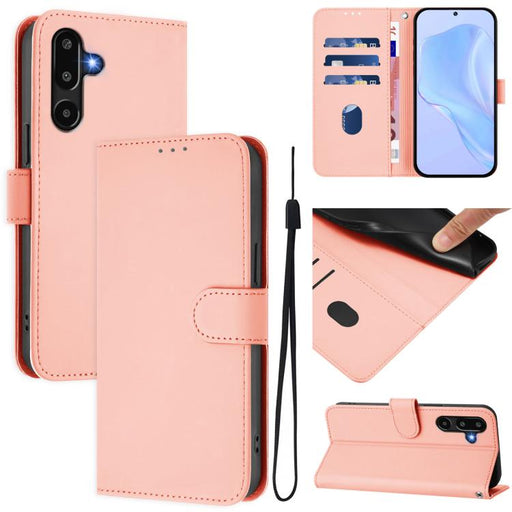 For Samsung Galaxy F16 5G Global Skin Feel Solid Color Leather Phone Case with Lanyard(Pink)
