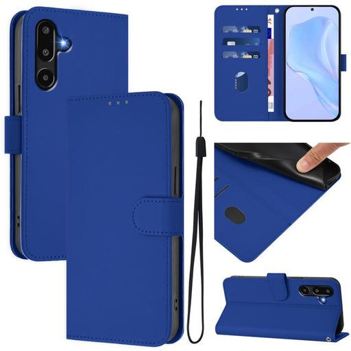 For Samsung Galaxy F16 5G Global Skin Feel Solid Color Leather Phone Case with Lanyard(Dark Blue)