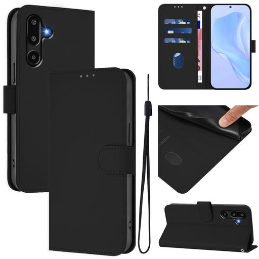 For Samsung Galaxy F16 5G Global Skin Feel Solid Color Leather Phone Case with Lanyard(Black)