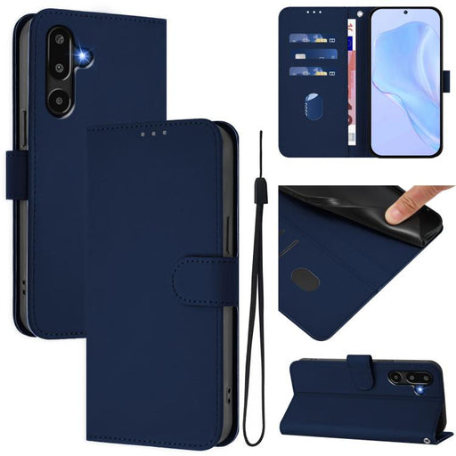 For Samsung Galaxy F16 5G Global Skin Feel Solid Color Leather Phone Case with Lanyard(Navy Blue)