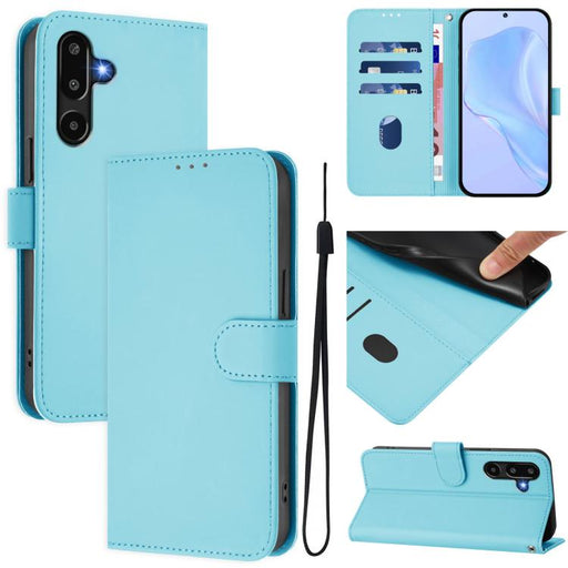 For Samsung Galaxy F16 5G Global Skin Feel Solid Color Leather Phone Case with Lanyard(Sky Blue)