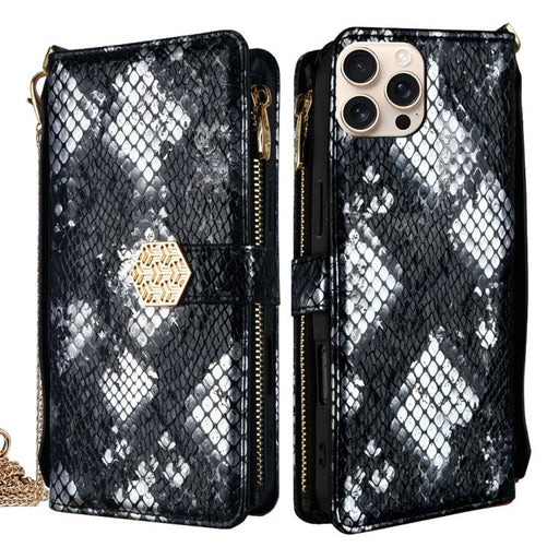For iPhone 15 Pro Crossbody Handle Snake Texture Leather Phone Case(Black) - BaskiFit