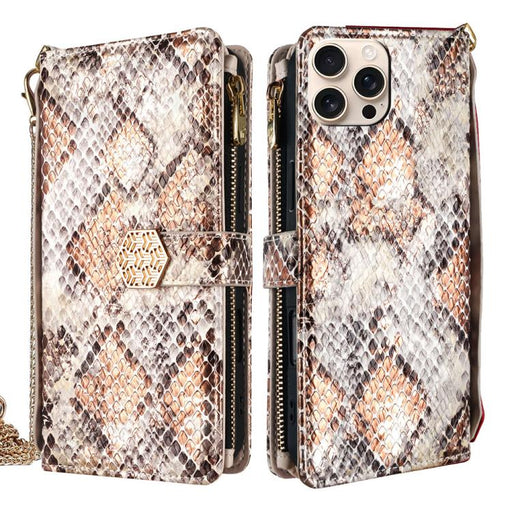 For iPhone 16 Pro Max Crossbody Handle Snake Texture Leather Phone Case(White) - BaskiFit