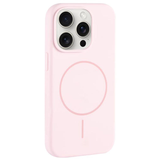 For iPhone 15 Pro Max Large Hole Camera MagSafe Liquid Silicone Full Coverage Phone Case(Pink White) - BaskiFit