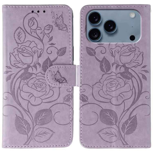 For iPhone 17 Pro Max Rose Butterfly Embossed Leather Phone Case(Purple)