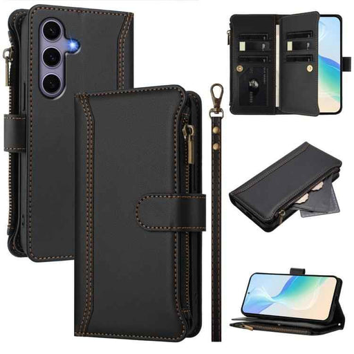 For Samsung Galaxy S25 / S24 5G Magnetic Closure 9 Card Slots Zipper Leather Case with Hand Strap(Black)
